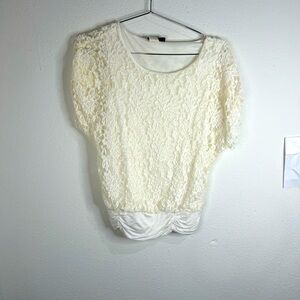 Romantic White Lace Overlay Blouse Satin Ruched Hem Love J Size Med Dressy